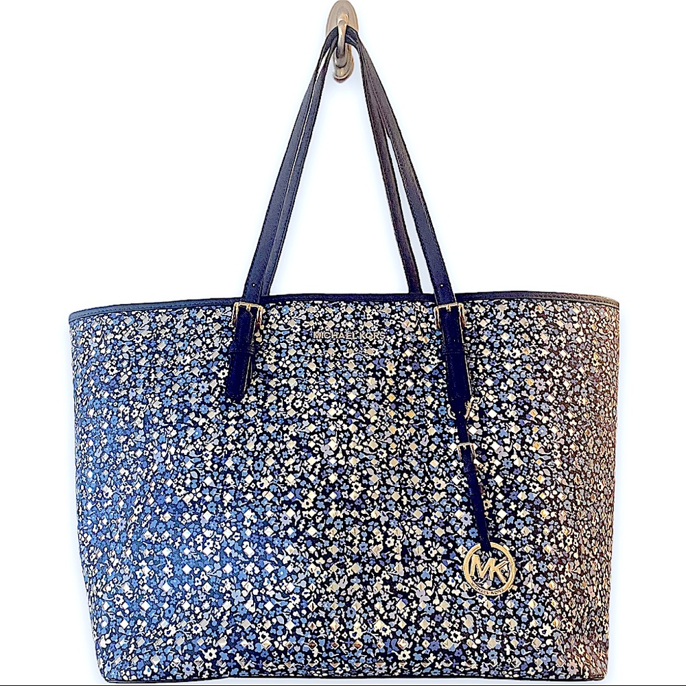 Michael Kors Leather Tote Bag-Blue Floral and Silver Pattern with Navy Trim